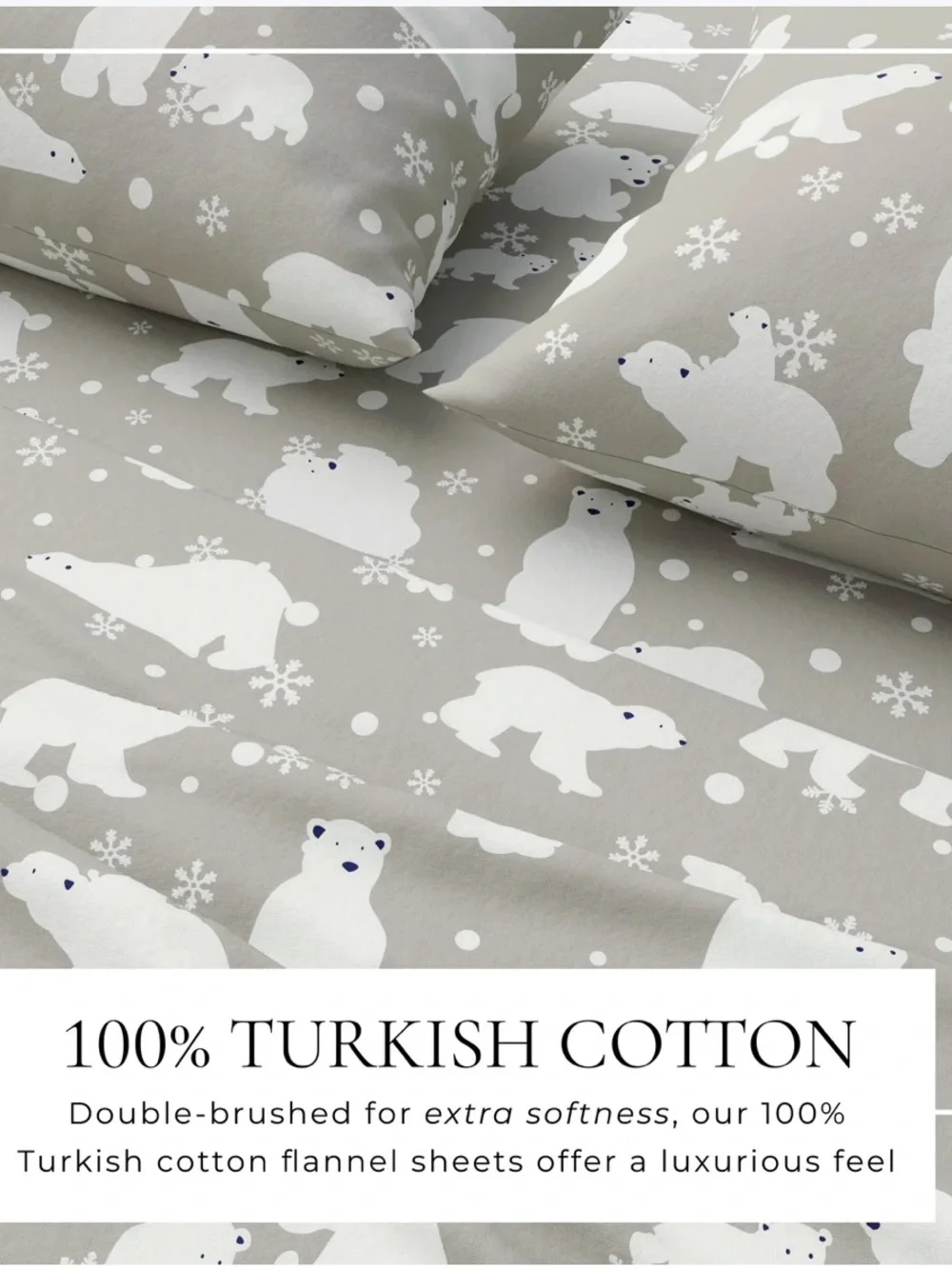 Heavyweight 100% Turkish Cotton Flannel Sheet Set Cali King Grey Polar Bear NWT